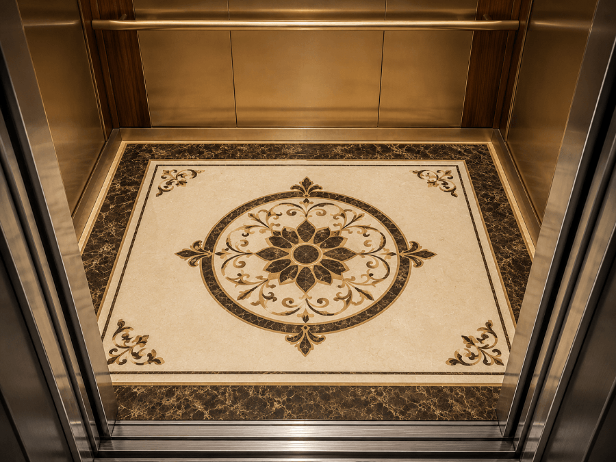 Mẫu sàn cabin thang máy gia đình sử dụng đá hoa văn